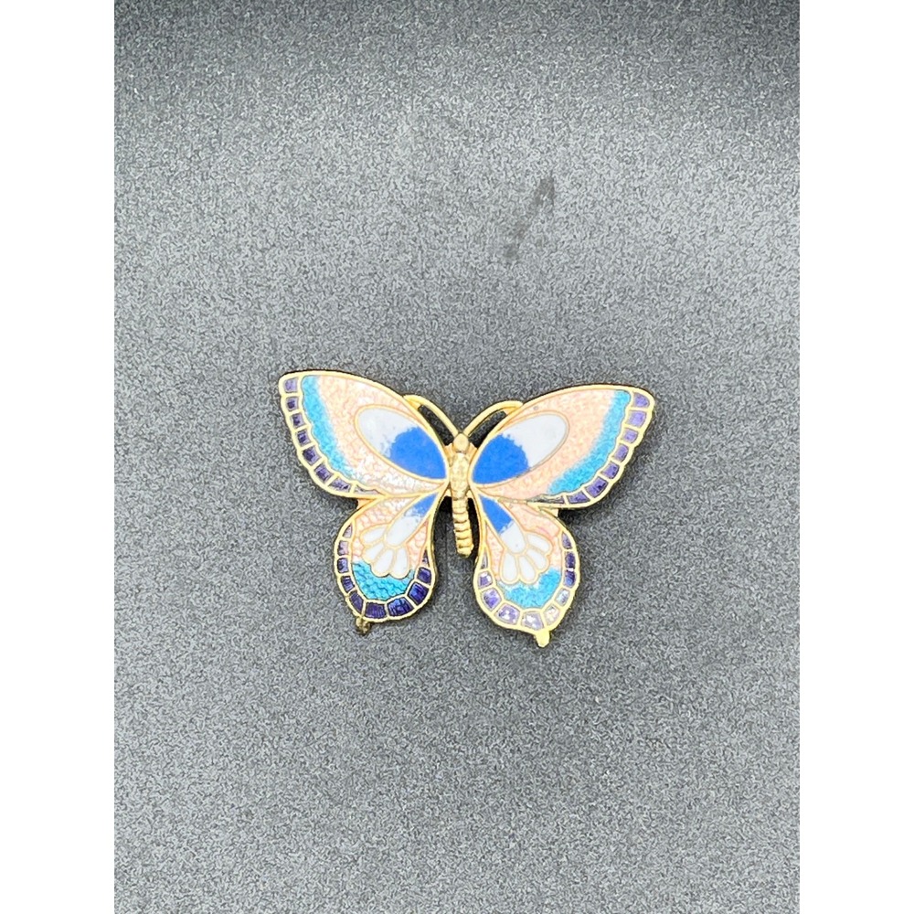 Enamel Butterfly Brooch Pin Gold Tone Blue Pink White Artistic Whimsical Vtg